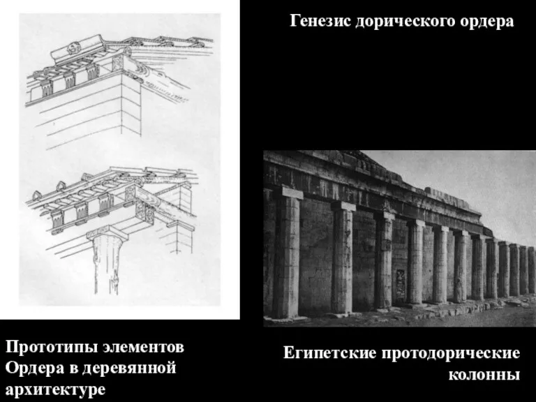 Прототипы элементов Ордера в деревянной архитектуре Египетские протодорические колонны Генезис дорического ордера