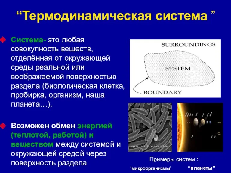“Термодинамическая система ” Система- это любая совокупность веществ, отделённая от окружающей среды реальной