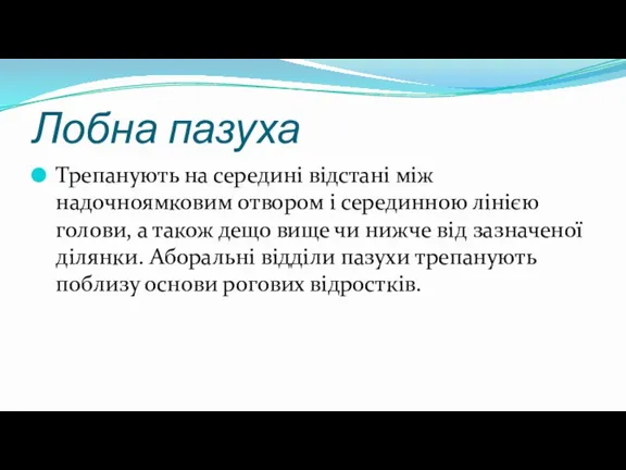 Лобна пазуха Трепанують на середині відстані між надочноямковим отвором і