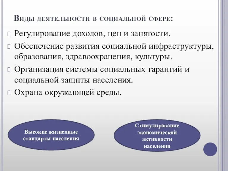 Виды деятельности в социальной сфере: Регулирование доходов, цен и занятости.