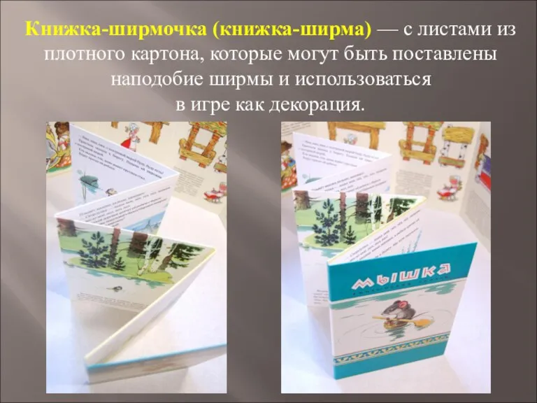 Книжка-ширмочка (книжка-ширма) — с листами из плотного картона, которые могут быть поставлены наподобие