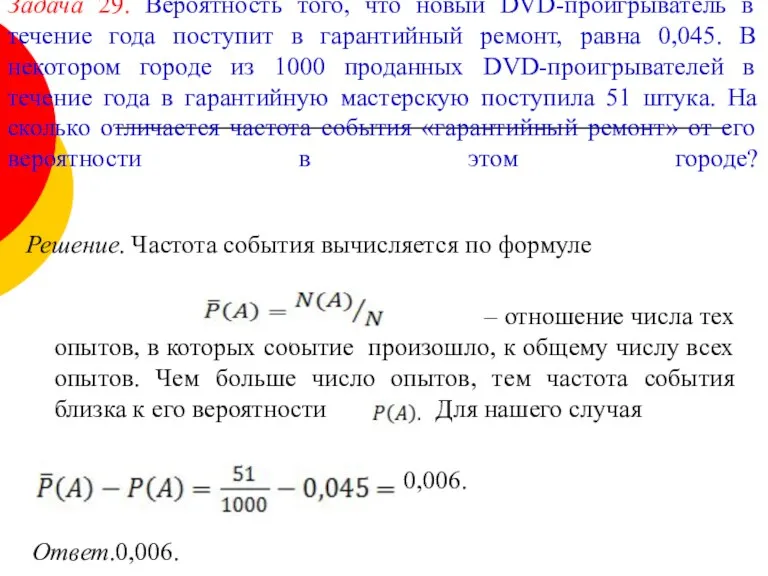 Задача 29. Вероятность того, что новый DVD-проигрыватель в течение года