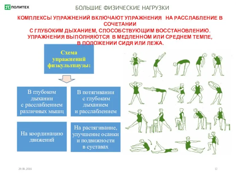 29.06.2016 БОЛЬШИЕ ФИЗИЧЕСКИЕ НАГРУЗКИ КОМПЛЕКСЫ УПРАЖНЕНИЙ ВКЛЮЧАЮТ УПРАЖНЕНИЯ НА РАССЛАБЛЕНИЕ