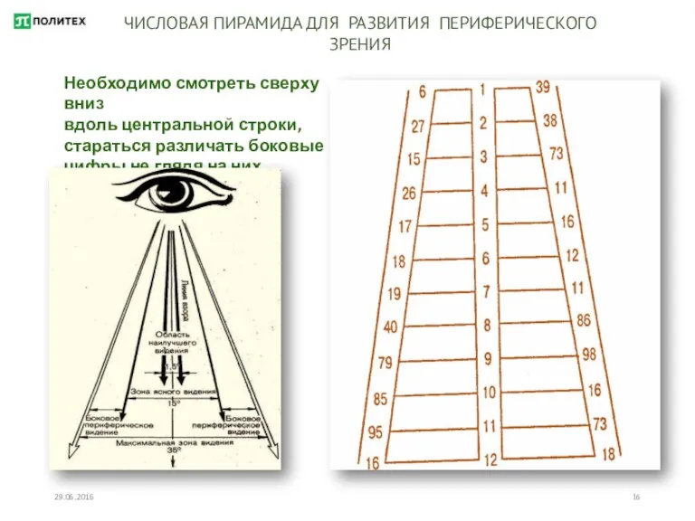 29.06.2016 ЧИСЛОВАЯ ПИРАМИДА ДЛЯ РАЗВИТИЯ ПЕРИФЕРИЧЕСКОГО ЗРЕНИЯ Необходимо смотреть сверху