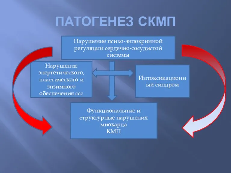 ПАТОГЕНЕЗ СКМП Нарушение психо-эндокринной регуляции сердечно-сосудистой системы Нарушение энергетического, пластического