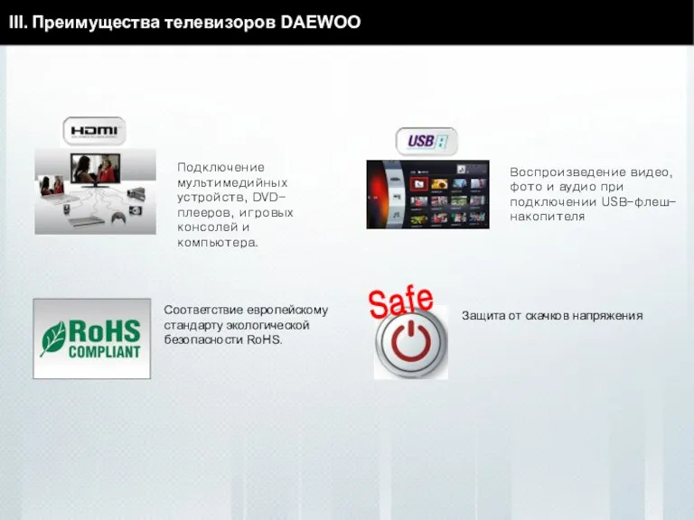 III. Преимущества телевизоров DAEWOO Подключение мультимедийных устройств, DVD-плееров, игровых консолей