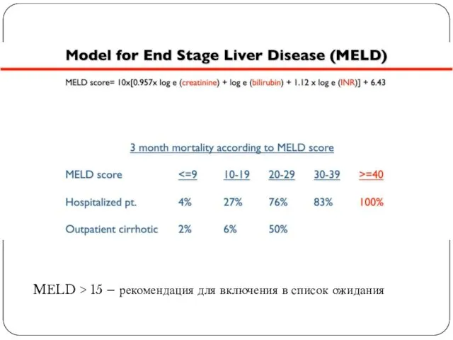 MELD > 15 – рекомендация для включения в список ожидания