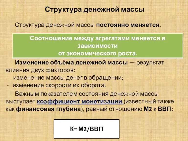 . Структура денежной массы Структура денежной массы постоянно меняется. Изменение