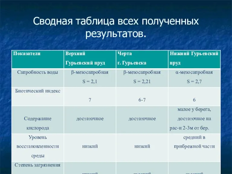 Сводная таблица всех полученных результатов.