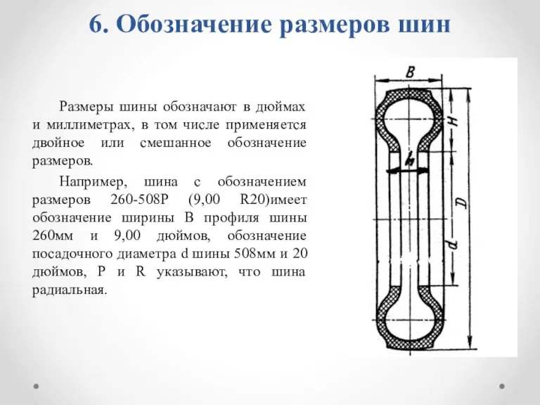 6. Обозначение размеров шин Размеры шины обозначают в дюймах и