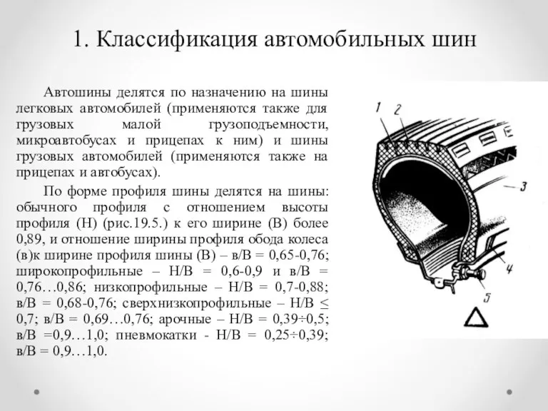 1. Классификация автомобильных шин Автошины делятся по назначению на шины