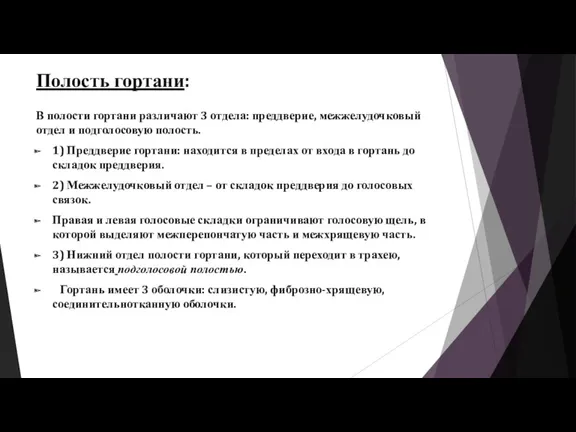 Полость гортани: В полости гортани различают 3 отдела: преддверие, межжелудочковый