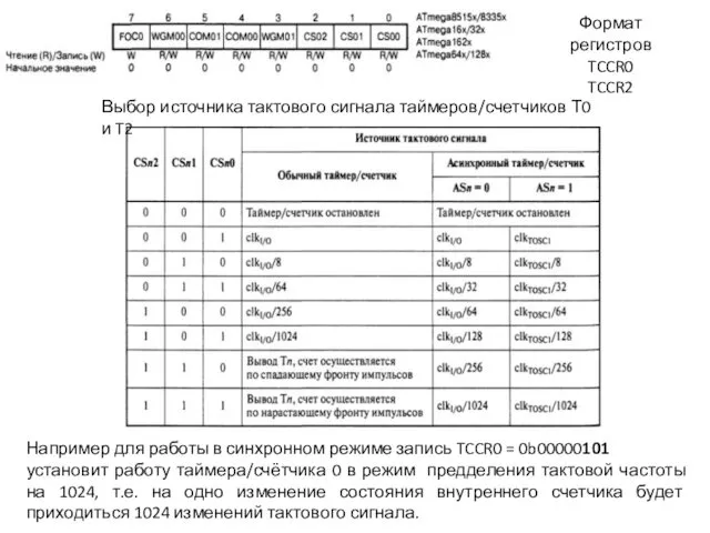 Выбор источника тактового сигнала таймеров/счетчиков Т0 и T2 Например для