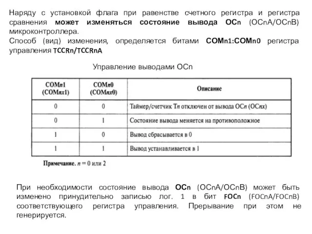 Управление выводами OCn Наряду с установкой флага при равенстве счетного