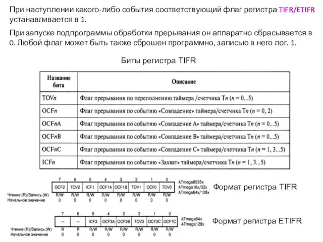 При наступлении какого-либо события соответствующий флаг регистра TIFR/ETIFR устанавливается в