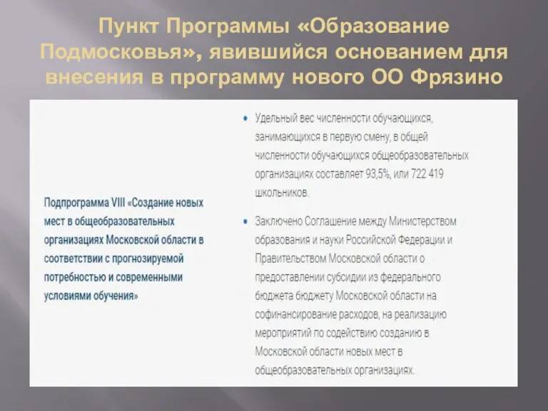 Пункт Программы «Образование Подмосковья», явившийся основанием для внесения в программу нового ОО Фрязино