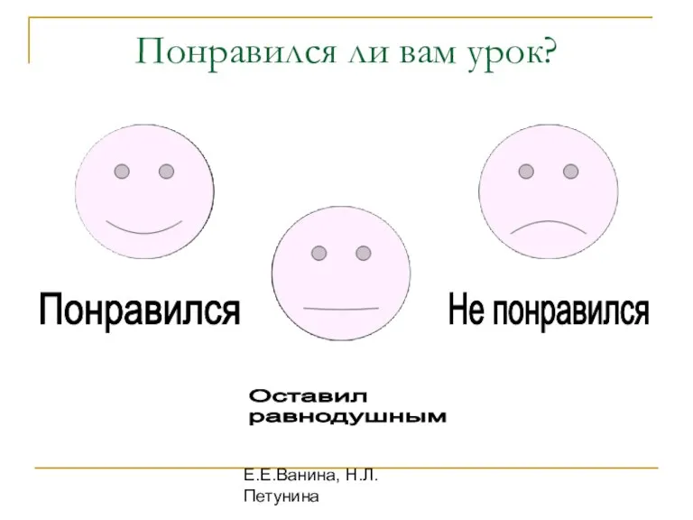 Е.Е.Ванина, Н.Л.Петунина Понравился ли вам урок? Понравился Не понравился Оставил равнодушным