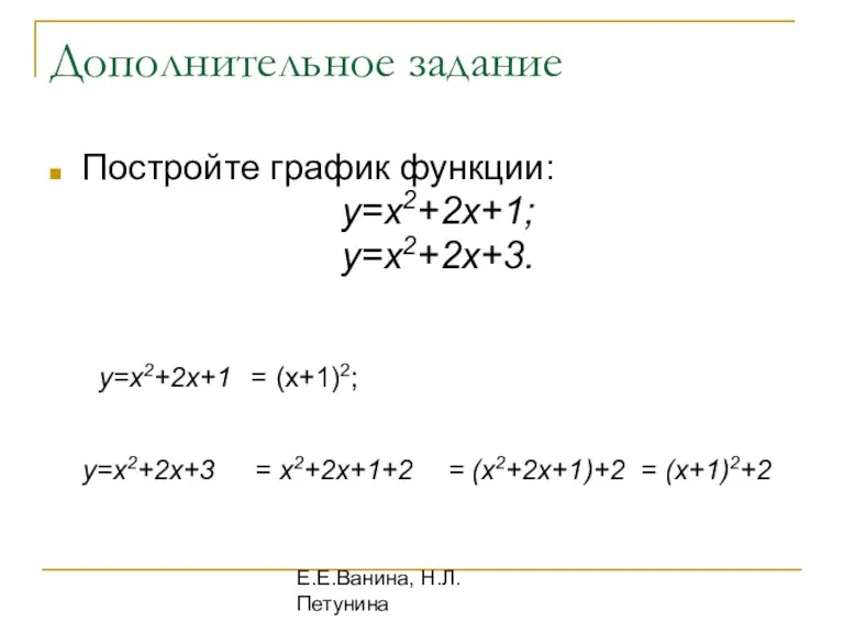 Е.Е.Ванина, Н.Л.Петунина Дополнительное задание Постройте график функции: у=х2+2х+1; у=х2+2х+3. у=х2+2х+1