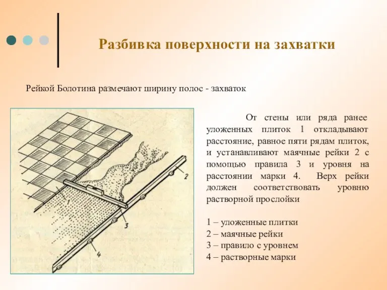 Разбивка поверхности на захватки Рейкой Болотина размечают ширину полос -