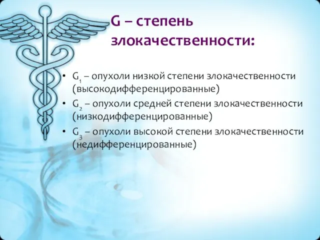 G – степень злокачественности: G1 – опухоли низкой степени злокачественности