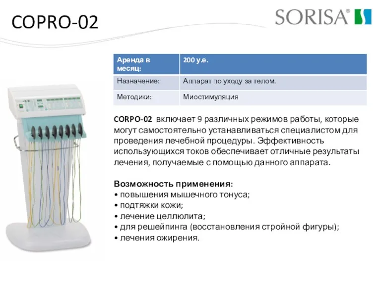 COPRO-02 CORPO-02 включает 9 различных режимов работы, которые могут самостоятельно устанавливаться специалистом для