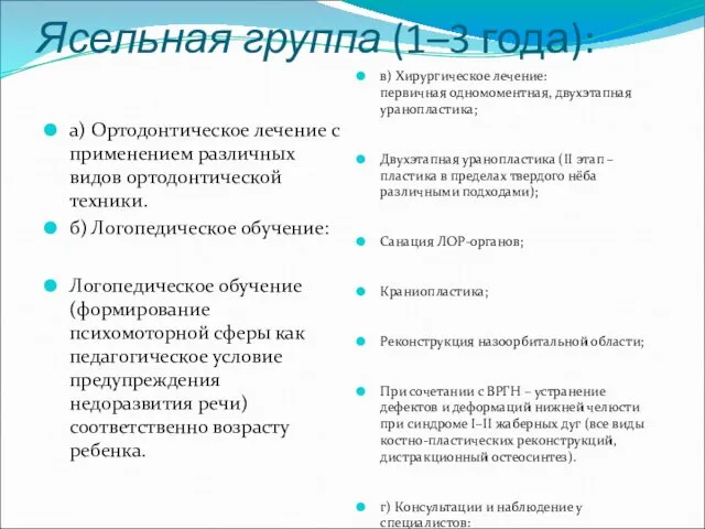 Ясельная группа (1–3 года): а) Ортодонтическое лечение с применением различных