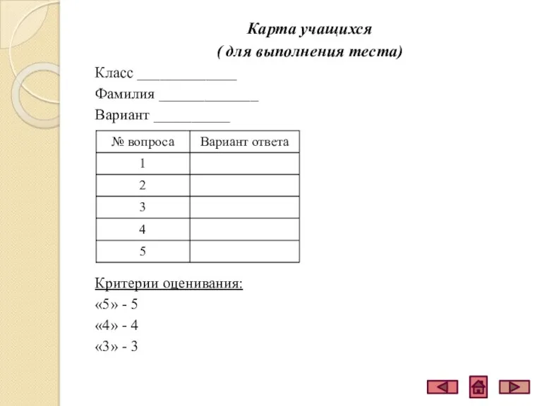 Карта учащихся ( для выполнения теста) Класс _____________ Фамилия _____________