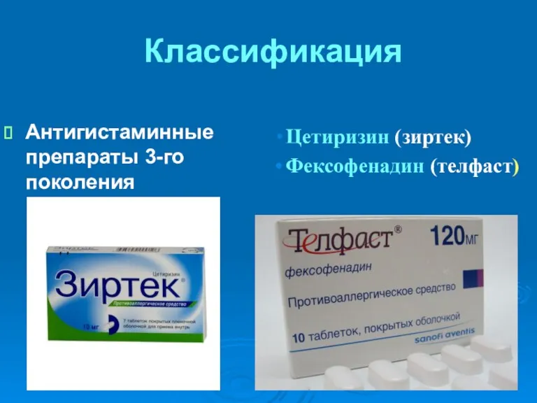 Классификация Антигистаминные препараты 3-го поколения Цетиризин (зиртек) Фексофенадин (телфаст)