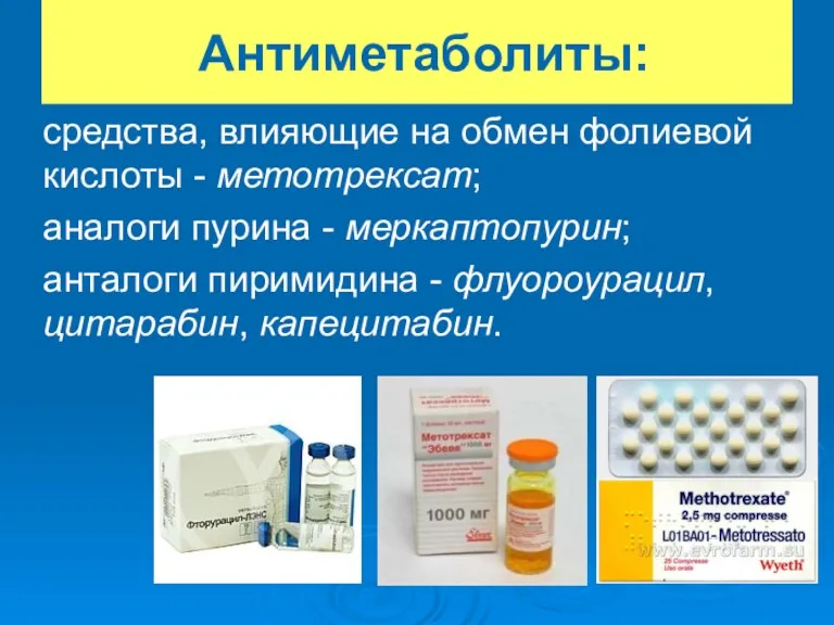 Антиметаболиты: средства, влияющие на обмен фолиевой кислоты - метотрексат; аналоги