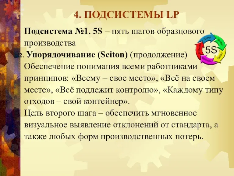 4. ПОДСИСТЕМЫ LP Подсистема №1. 5S – пять шагов образцового производства Упорядочивание (Seiton)