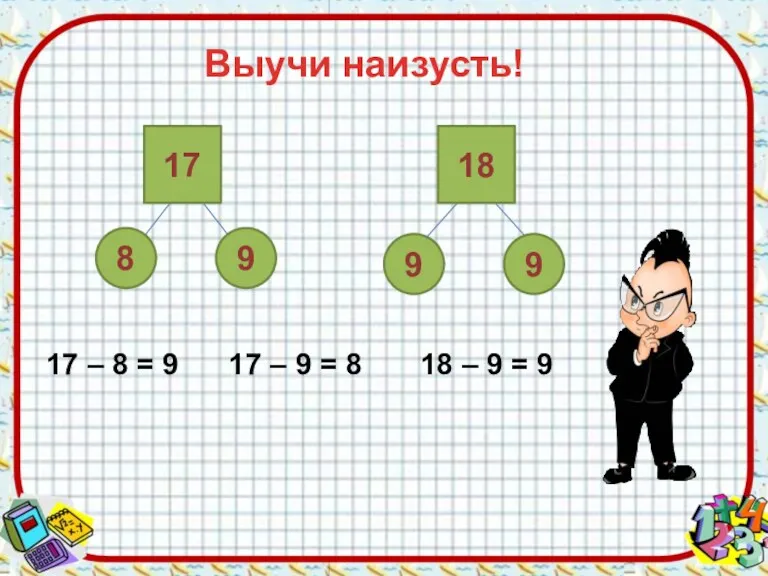 Выучи наизусть! 17 – 8 = 9 17 – 9