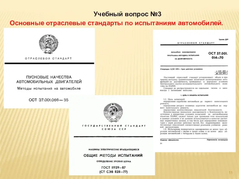 Учебный вопрос №3 Основные отраслевые стандарты по испытаниям автомобилей.