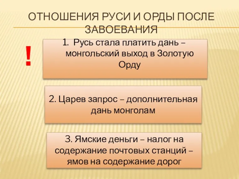 ОТНОШЕНИЯ РУСИ И ОРДЫ ПОСЛЕ ЗАВОЕВАНИЯ Русь стала платить дань