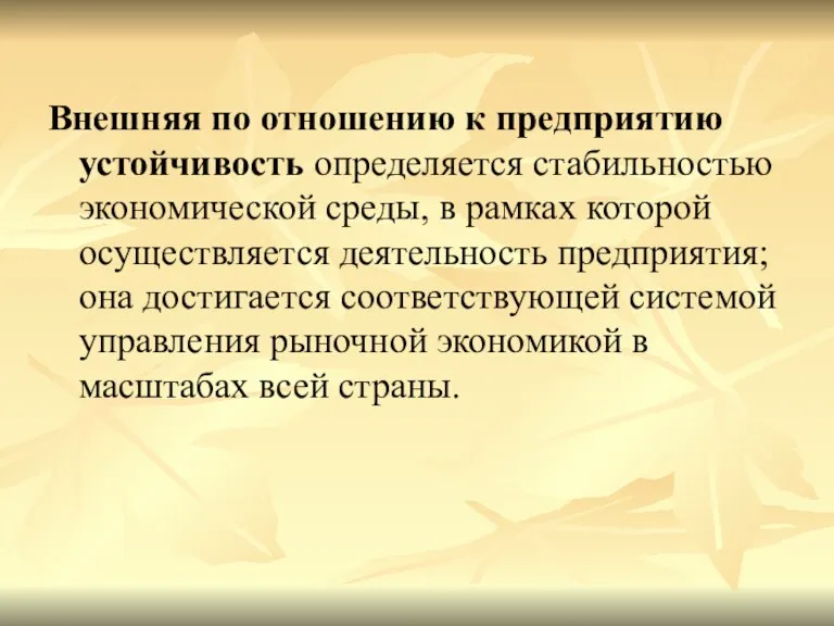 Внешняя по отношению к предприятию устойчивость определяется стабильностью экономической среды,