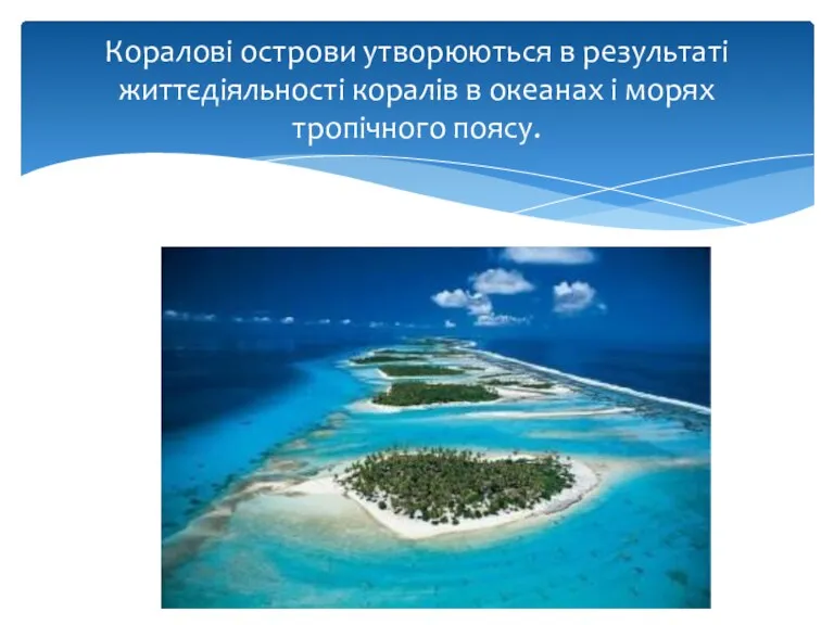 Коралові острови утворюються в результаті життєдіяльності коралів в океанах і морях тропічного поясу.