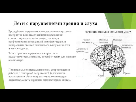 Врождённые нарушения зрительного или слухового восприятия возникают как при повреждении соответствующего анализатора, так