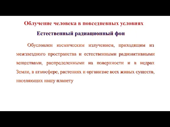 Естественный радиационный фон Обусловлен космическим излучением, приходящим из межзвездного пространства