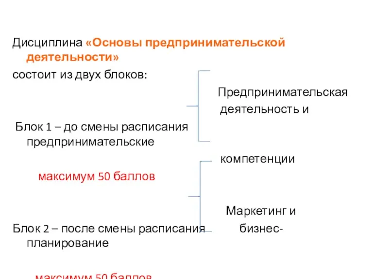 Дисциплина «Основы предпринимательской деятельности» состоит из двух блоков: Предпринимательская деятельность