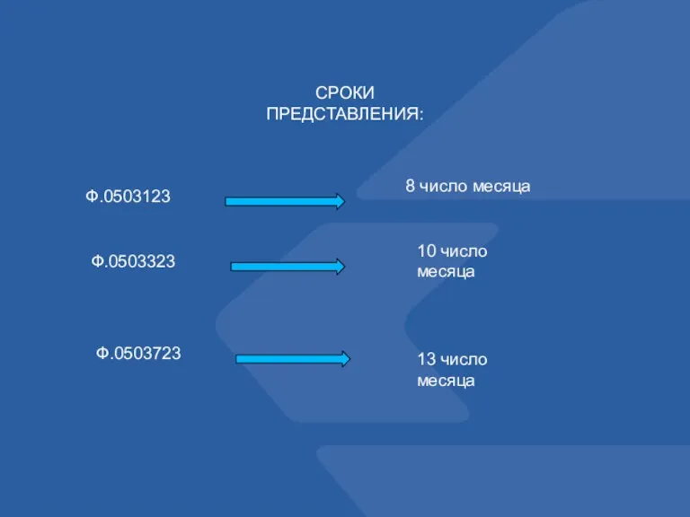 СРОКИ ПРЕДСТАВЛЕНИЯ: Ф.0503123 8 число месяца Ф.0503323 10 число месяца Ф.0503723 13 число месяца