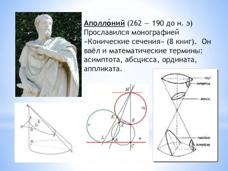 Аполло́ний (262 — 190 до н. э) Прославился монографией «Конические