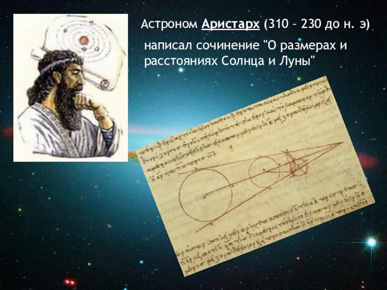 Астроном Аристарх (310 – 230 до н. э) написал сочинение "О размерах и