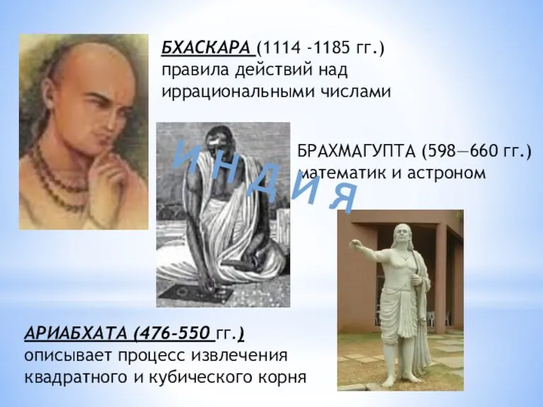 БХАСКАРА (1114 -1185 гг.) правила действий над иррациональными числами БРАХМАГУПТА