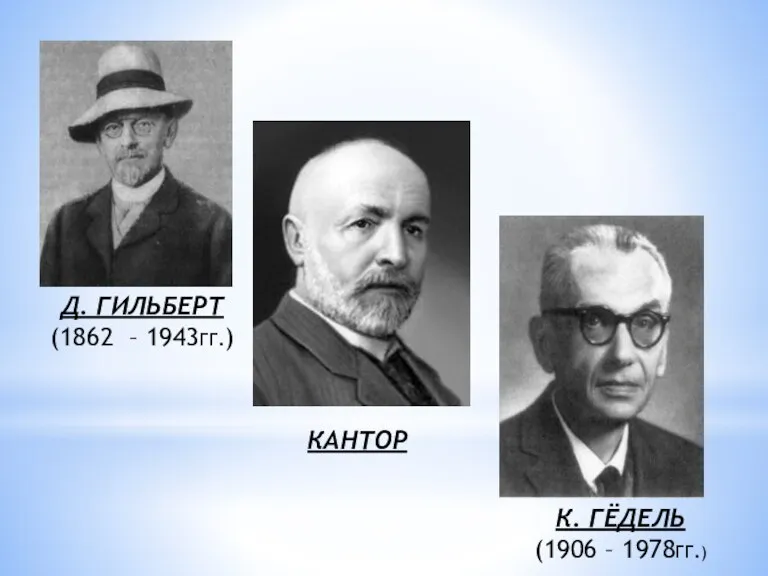 Д. ГИЛЬБЕРТ (1862 – 1943ГГ.) КАНТОР К. ГЁДЕЛЬ (1906 – 1978ГГ.)