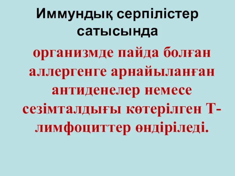 Иммундық серпілістер сатысында организмде пайда болған аллергенге арнайыланған антиденелер немесе сезімталдығы көтерілген Т-лимфоциттер өндіріледі.