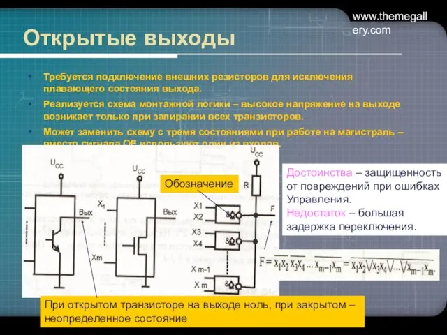 www.themegallery.com Открытые выходы Требуется подключение внешних резисторов для исключения плавающего состояния выхода. Реализуется