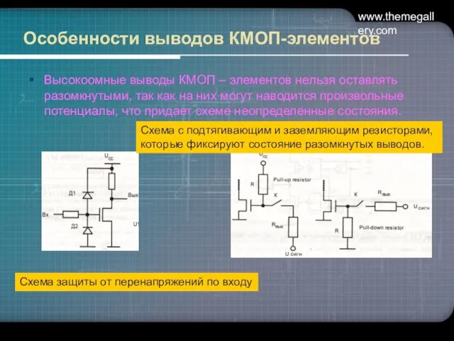 www.themegallery.com Особенности выводов КМОП-элементов Высокоомные выводы КМОП – элементов нельзя