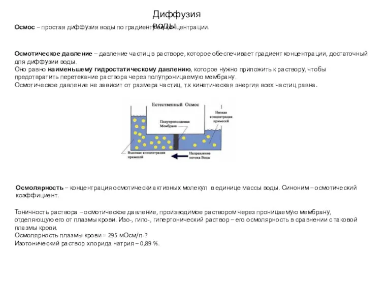 Диффузия воды Осмос – простая диффузия воды по градиенту её