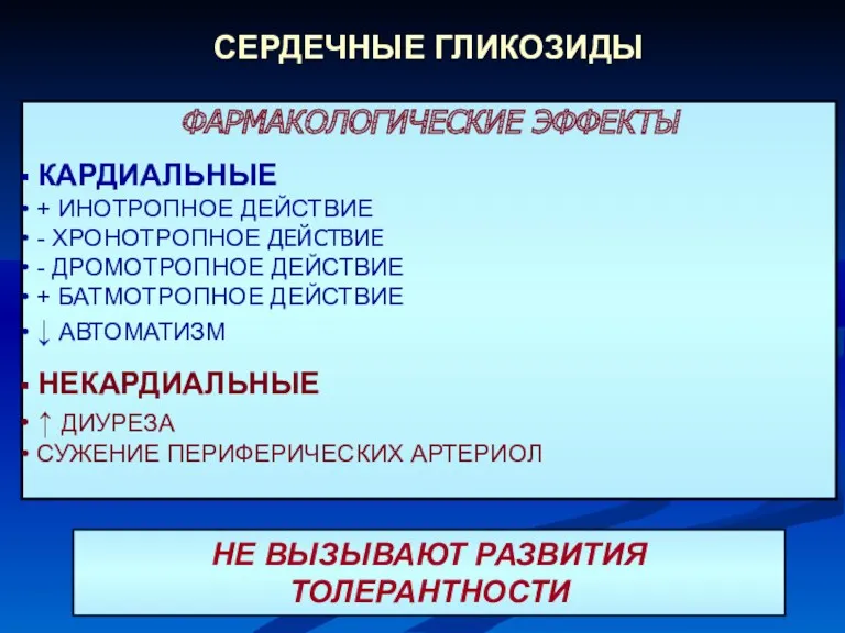 ФАРМАКОЛОГИЧЕСКИЕ ЭФФЕКТЫ КАРДИАЛЬНЫЕ + ИНОТРОПНОЕ ДЕЙСТВИЕ - ХРОНОТРОПНОЕ ДЕЙСТВИЕ -