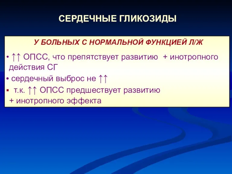 СЕРДЕЧНЫЕ ГЛИКОЗИДЫ У БОЛЬНЫХ С НОРМАЛЬНОЙ ФУНКЦИЕЙ Л/Ж ↑↑ ОПСС, что препятствует развитию