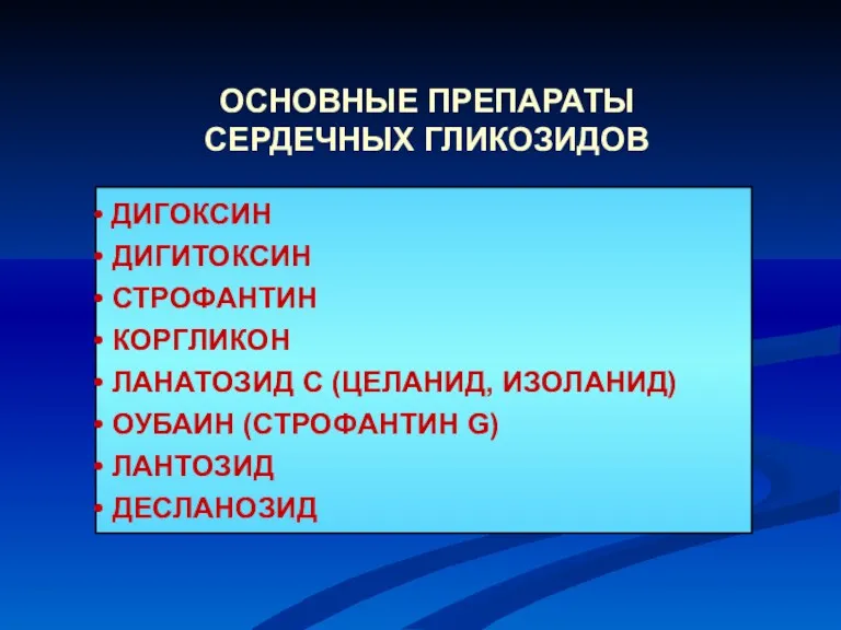 ДИГОКСИН ДИГИТОКСИН СТРОФАНТИН КОРГЛИКОН ЛАНАТОЗИД С (ЦЕЛАНИД, ИЗОЛАНИД) ОУБАИН (СТРОФАНТИН G) ЛАНТОЗИД ДЕСЛАНОЗИД